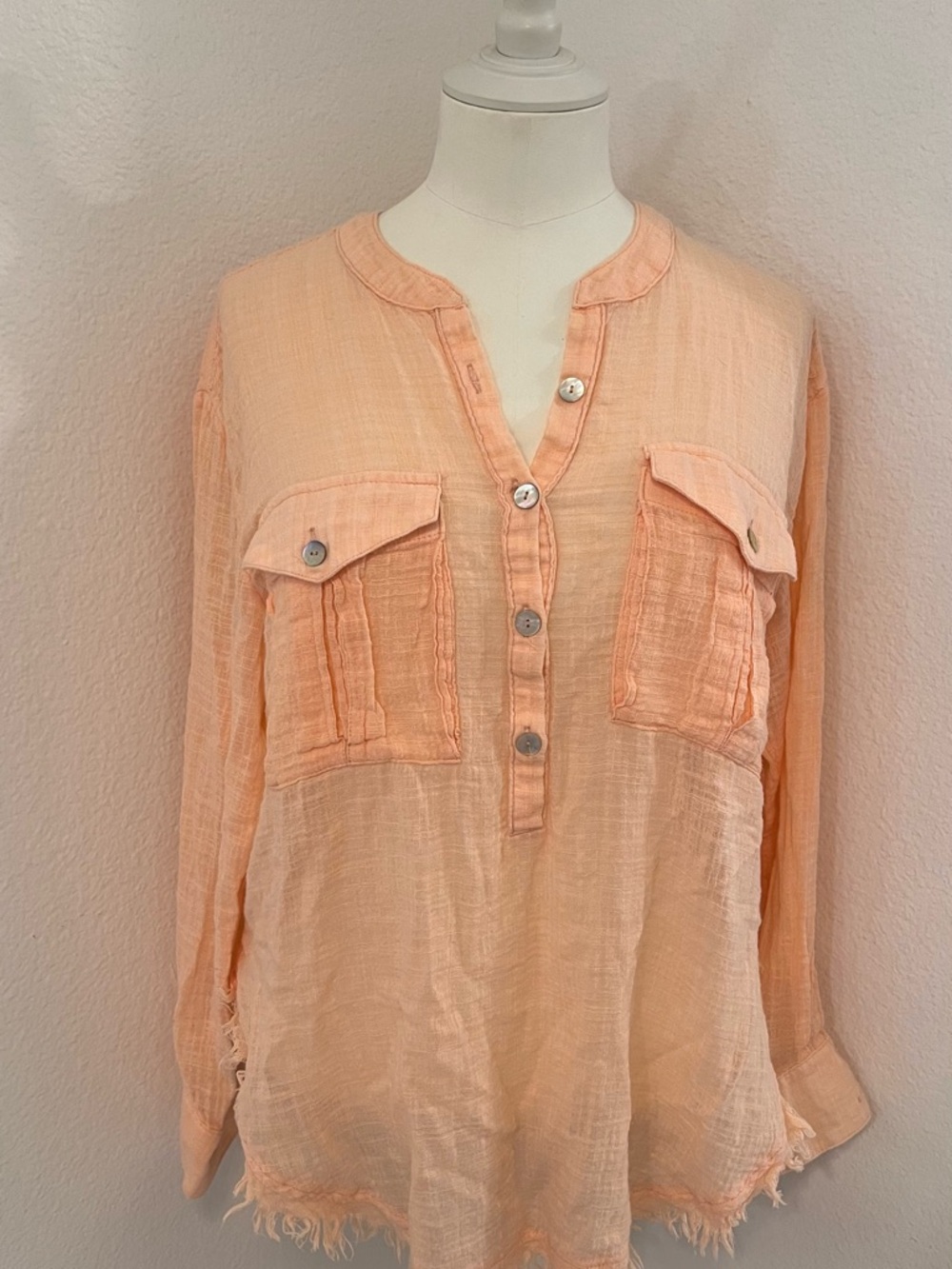 Free People Peach Gauze Button-Front Tunic Top